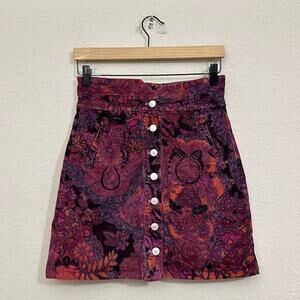 PILCRO ANTHROPOLOGIE Mini Skirt Purple Floral Corduroy Button Front